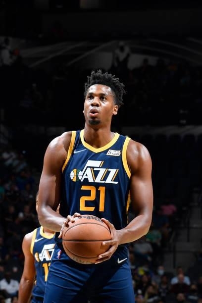 Hassan Whiteside of the Utah Jazz shoots the ball against the San Antonio Spurs during a pre-season game on October 4, 2021 at the AT&T Center in San...