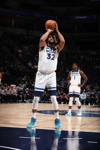 Karl-Anthony Towns of the Minnesota Timberwolves shoots a free throw against the New Orleans Pelicans during a pre-season game on October 4, 2021 at...