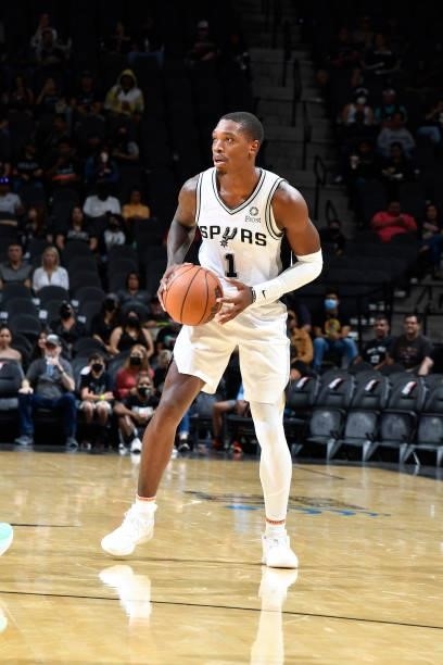 Lonnie Walker IV of the San Antonio Spurs looks to pass the ball against the Utah Jazz during a pre-season game on October 4, 2021 at the AT&T Center...