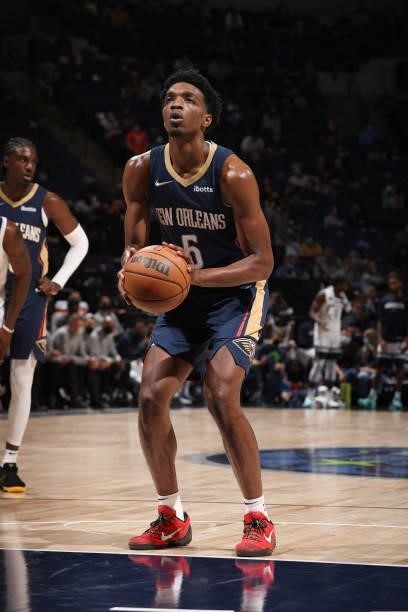 Herbert Jones of the New Orleans Pelicans shoots a free throw against the Minnesota Timberwolves during a pre-season game on October 4, 2021 at...