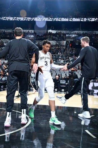 Keldon Johnson of the San Antonio Spurs is introduced before the game against the Utah Jazz during a pre-season game on October 4, 2021 at the AT&T...