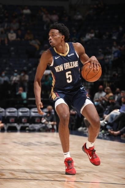 Herbert Jones of the New Orleans Pelicans handles the ball during the game against the Minnesota Timberwolves during a pre-season game on October 4,...