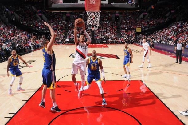 Anfernee Simons of the Portland Trail Blazers shoots the ball during the game against the Golden State Warriors on October 4, 2021 at the Moda Center...