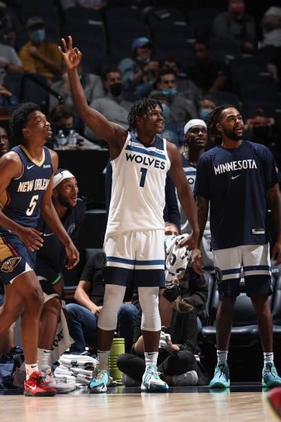 Anthony Edwards of the Minnesota Timberwolves celebrates during the game against the New Orleans Pelicans during a pre-season game on October 4, 2021...