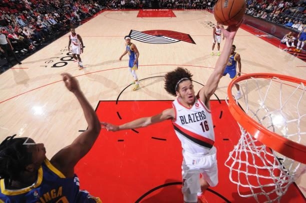 Elleby of the Portland Trail Blazers drives to the basket during the game against the Golden State Warriors on October 4, 2021 at the Moda Center...