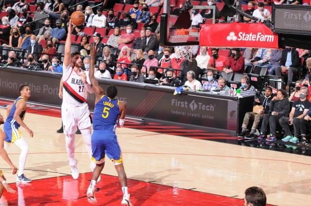 Jusuf Nurkic of the Portland Trail Blazers shoots the ball during the game against the Golden State Warriors on October 4, 2021 at the Moda Center...