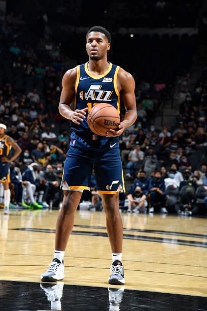 Jared Butler of the Utah Jazz shoots the ball against the San Antonio Spurs during a pre-season game on October 4, 2021 at the AT&T Center in San...
