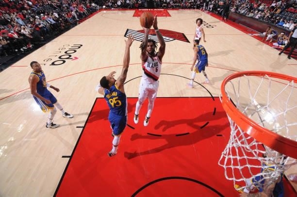 Marquese Chriss of the Portland Trail Blazers shoots the ball during the game against the Golden State Warriors on October 4, 2021 at the Moda Center...