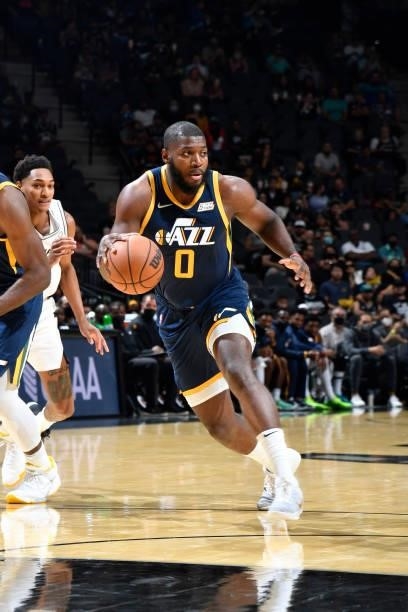 Eric Paschall of the Utah Jazz handles the ball against the San Antonio Spurs during a pre-season game on October 4, 2021 at the AT&T Center in San...