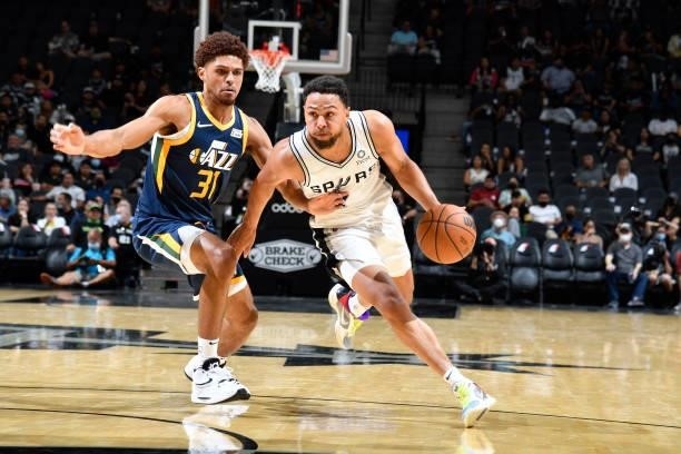 Bryn Forbes of the San Antonio Spurs drives to the basket against the Utah Jazz during a pre-season game on October 4, 2021 at the AT&T Center in San...
