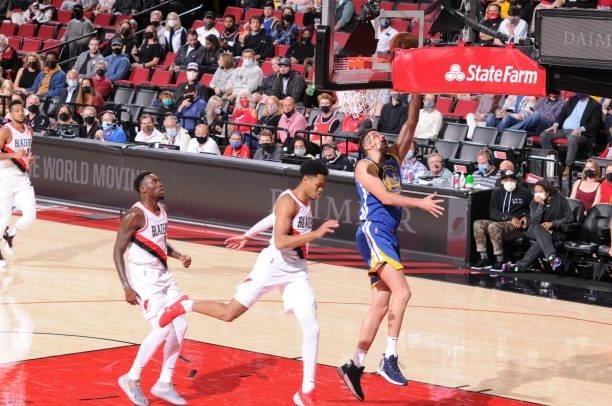 Nemanja Bjelica of the Golden State Warriors shoots the ball during the game against the Portland Trail Blazers on October 4, 2021 at the Moda Center...
