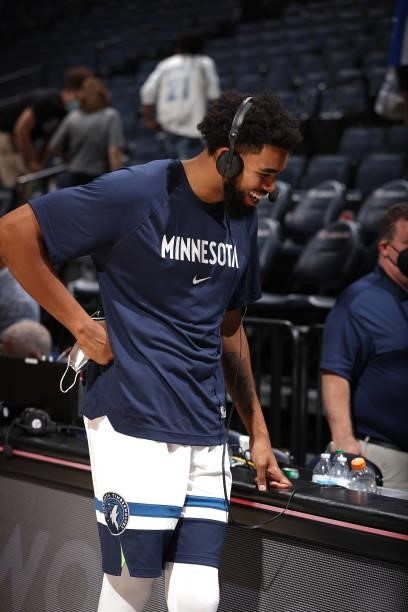 Karl-Anthony Towns of the Minnesota Timberwolves is interviewed after the game against the New Orleans Pelicans during a pre-season game on October...