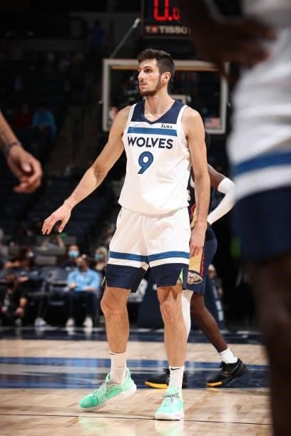 Leandro Bolmaro of the Minnesota Timberwolves looks on during the game against the New Orleans Pelicans during a pre-season game on October 4, 2021...