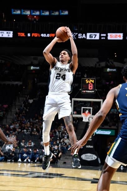 Devin Vassell of the San Antonio Spurs shoots the ball against the Utah Jazz during a pre-season game on October 4, 2021 at the AT&T Center in San...