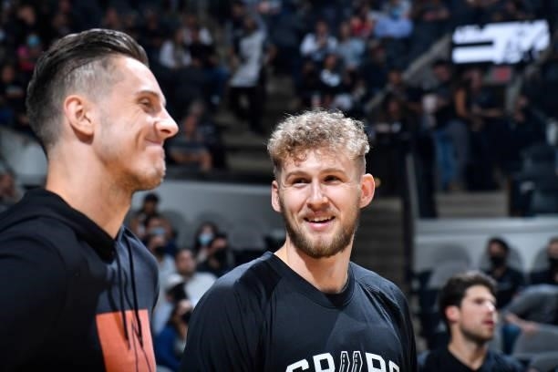 Jock Landale of the San Antonio Spurs smiles before the game against the Utah Jazz during a pre-season game on October 4, 2021 at the AT&T Center in...