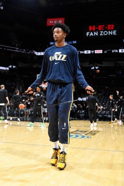 Elijah Hughes of the Utah Jazz jumps rope before the game against the San Antonio Spurs during a pre-season game on October 4, 2021 at the AT&T...