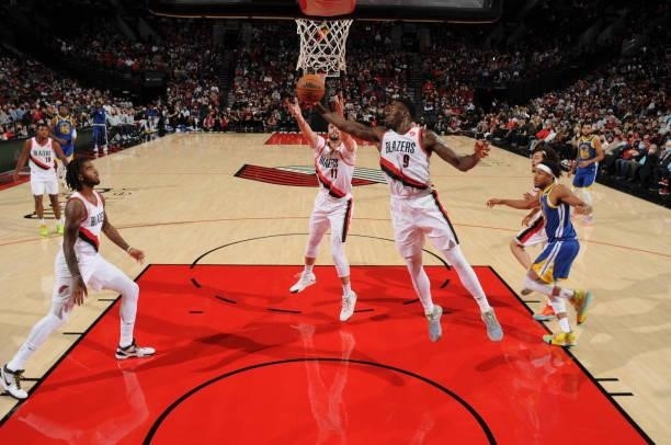 Nassir Little of the Portland Trail Blazers rebounds the ball during a preseason game against the Golden State Warriors on October 4, 2021 at the...