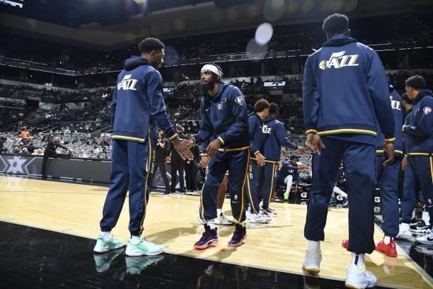 Mike Conley of the Utah Jazz is introduced before the game against the San Antonio Spurs during a pre-season game on October 4, 2021 at the AT&T...