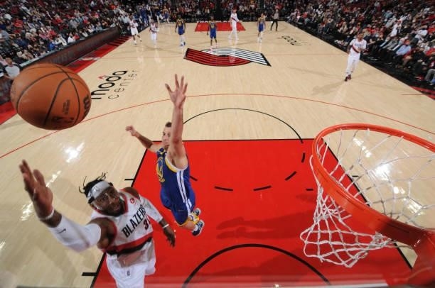 Robert Covington of the Portland Trail Blazers shoots the ball during a preseason game against the Golden State Warriors on October 4, 2021 at the...