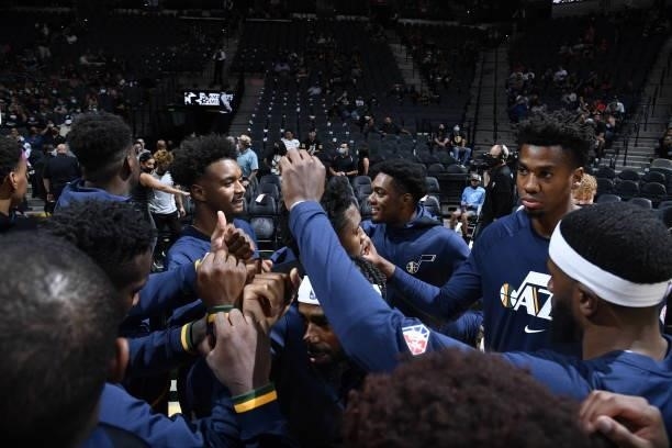 The Utah Jazz huddle up before the game against the San Antonio Spurs during a pre-season game on October 4, 2021 at the AT&T Center in San Antonio,...
