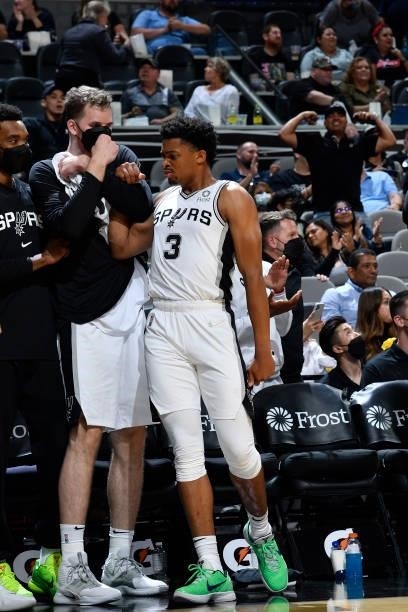 Keldon Johnson of the San Antonio Spurs reacts to a play during the game against the Utah Jazz during a pre-season game on October 4, 2021 at the...