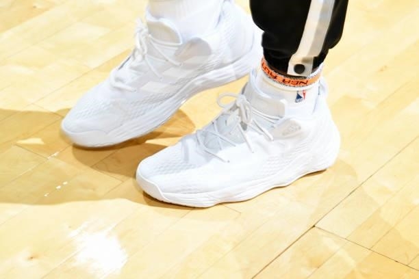 The sneakers worn by Lonnie Walker IV of the San Antonio Spurs during the game against the Utah Jazz during a pre-season game on October 4, 2021 at...