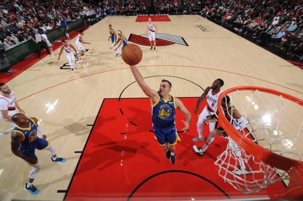 Nemanja Bjelica of the Golden State Warriors rebounds the ball during a preseason game against the Portland Trail Blazers on October 4, 2021 at the...