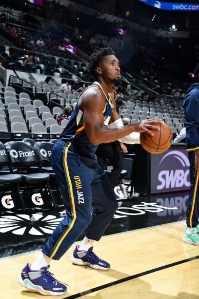 Donovan Mitchell of the Utah Jazz warms up before the game against the San Antonio Spurs during a pre-season game on October 4, 2021 at the AT&T...