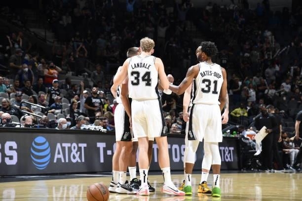The San Antonio Spurs huddle up during the game against the Utah Jazz during a pre-season game on October 4, 2021 at the AT&T Center in San Antonio,...