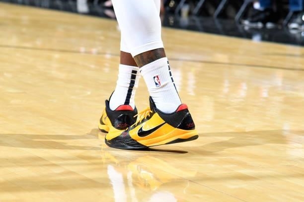 The sneakers worn by Elijah Hughes of the Utah Jazz during the game against the San Antonio Spurs during a pre-season game on October 4, 2021 at the...