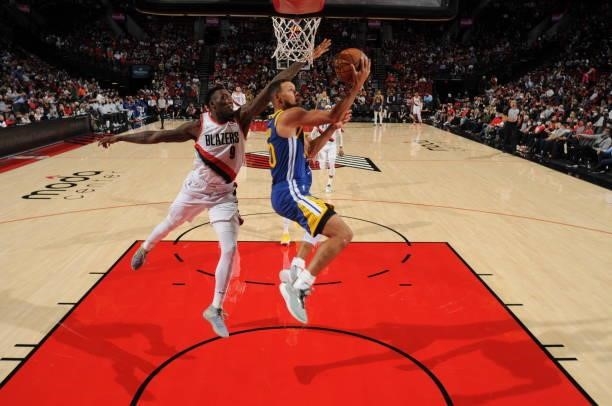Stephen Curry of the Golden State Warriors during the game during a preseason game against the Portland Trail Blazers on October 4, 2021 at the Moda...