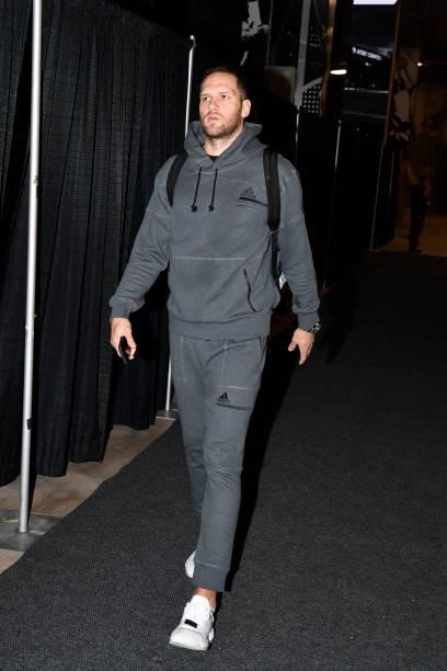 Bojan Bogdanovic of the Utah Jazz arrives to the game against the San Antonio Spurs during a pre-season game on October 4, 2021 at the AT&T Center in...