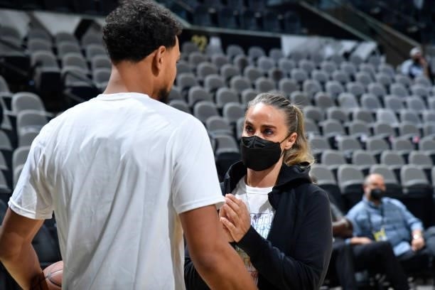Assistant Coach, Becky Hammon talks to one of her players before a pre-season game on October 4, 2021 at the AT&T Center in San Antonio, Texas. NOTE...