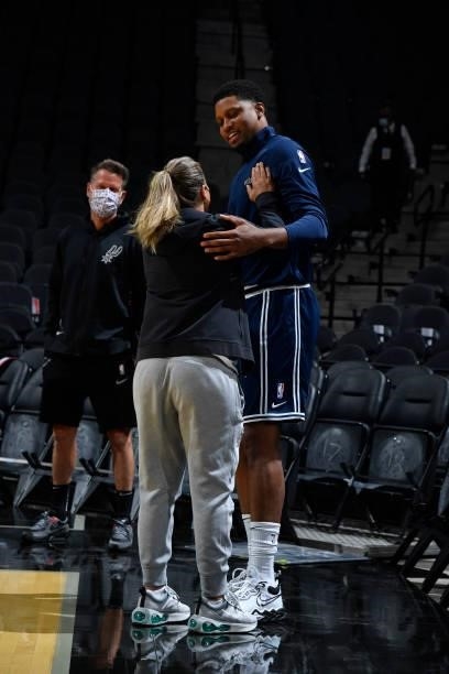 Rudy Gay of the Utah Jazz and Assistant Coach, Becky Hammon of the San Antonio Spurs share a moment before a pre-season game on October 4, 2021 at...