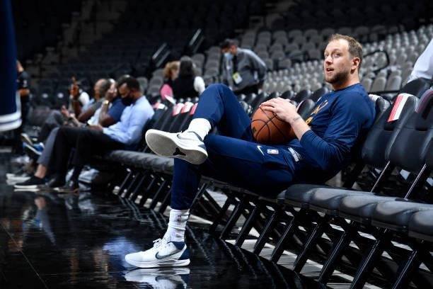 Joe Ingles of the Utah Jazz looks on before the game against the San Antonio Spurs during a pre-season game on October 4, 2021 at the AT&T Center in...