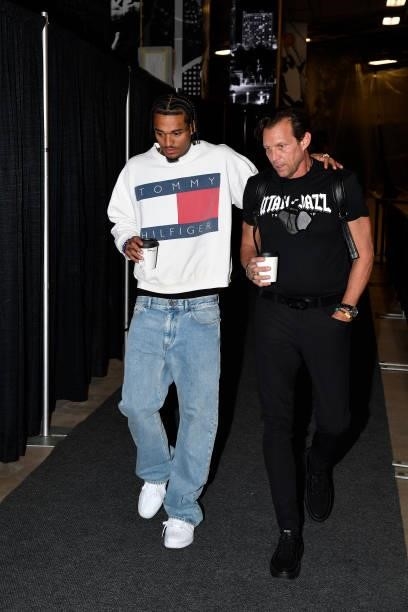 Jordan Clarkson and Head Coach, Quin Snyder of the Utah Jazz arrive to the game against the San Antonio Spurs during a pre-season game on October 4,...