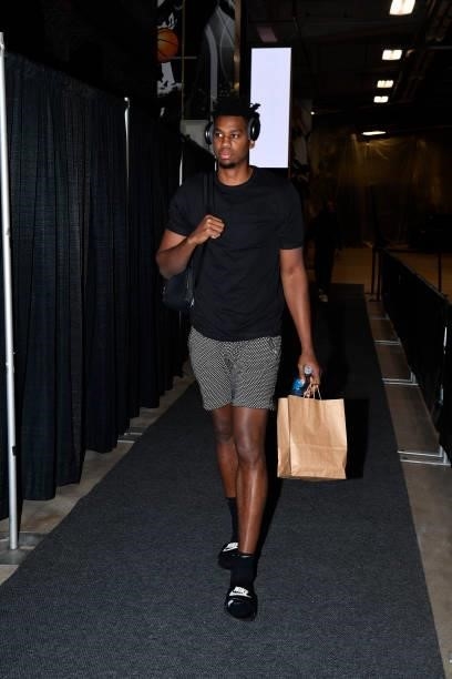 Hassan Whiteside of the Utah Jazz arrives to the game against the San Antonio Spurs during a pre-season game on October 4, 2021 at the AT&T Center in...