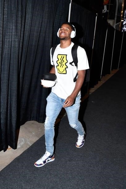 Jared Butler of the Utah Jazz arrives to the game against the San Antonio Spurs during a pre-season game on October 4, 2021 at the AT&T Center in San...
