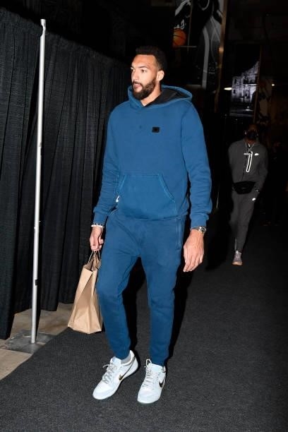 Rudy Gobert of the Utah Jazz arrives to the game against the San Antonio Spurs during a pre-season game on October 4, 2021 at the AT&T Center in San...
