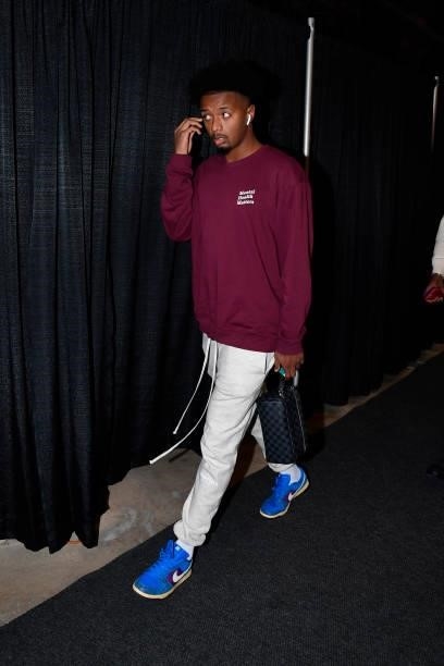 Elijah Hughes of the Utah Jazz arrives to the game against the San Antonio Spurs during a pre-season game on October 4, 2021 at the AT&T Center in...