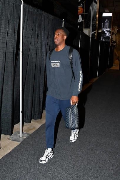 Miye Oni of the Utah Jazz arrives to the game against the San Antonio Spurs during a pre-season game on October 4, 2021 at the AT&T Center in San...