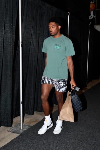 Trent Forrest of the Utah Jazz arrives to the game against the San Antonio Spurs during a pre-season game on October 4, 2021 at the AT&T Center in...