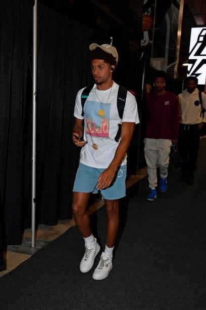 MaCio Teague of the Utah Jazz arrives to the game against the San Antonio Spurs during a pre-season game on October 4, 2021 at the AT&T Center in San...