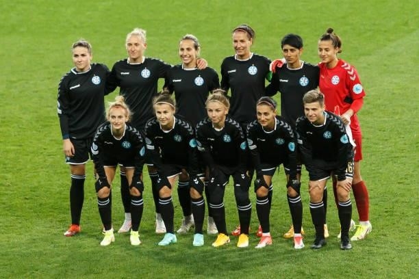 The players of WFC Kharkiv Teamphoto prior to the UEFA Women's Champions League group B match between WFC Zhytlobud-1 Kharkiv and Real Madrid at...