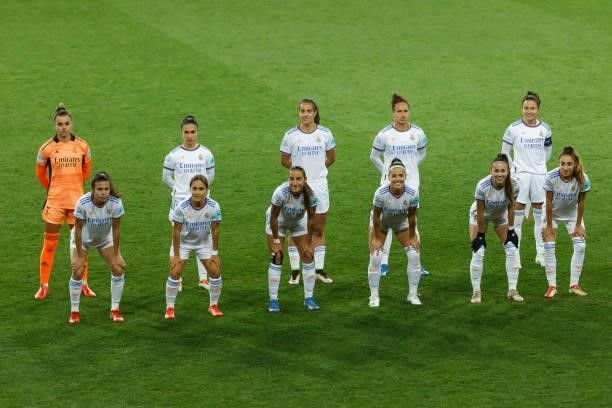 The players of Real Madrid Teamphoto prior to the UEFA Women's Champions League group B match between WFC Zhytlobud-1 Kharkiv and Real Madrid at...