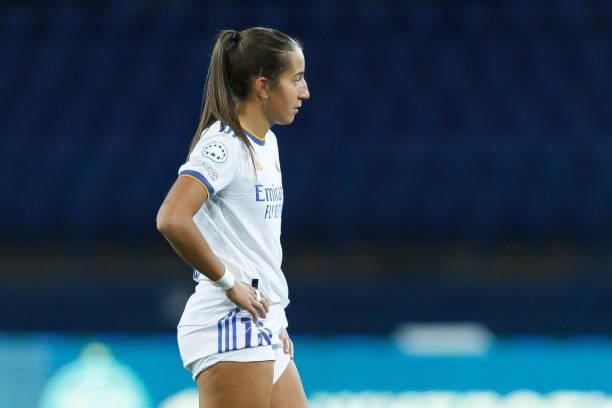 Lucia Rodriguez of Real Madrid looks on during the UEFA Women's Champions League group B match between WFC Zhytlobud-1 Kharkiv and Real Madrid at...