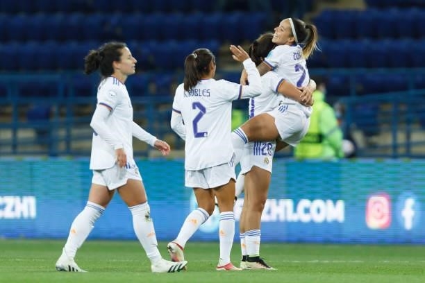 Kenti Robles of Real Madrid, Rocio Galvez of Real Madrid and Claudia Zornoza of Real Madrid celebrate after winning during the UEFA Women's Champions...