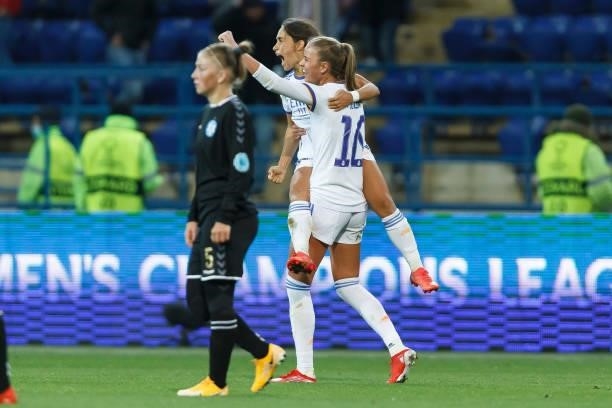 Lorena Navarro of Real Madrid and Caroline Moeller of Real Madrid celebrate after winning during the UEFA Women's Champions League group B match...