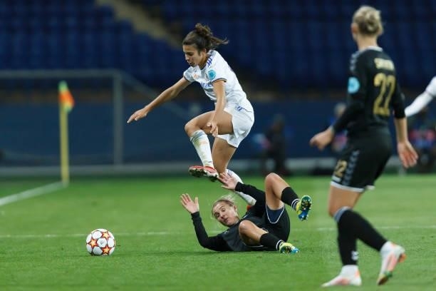 Claudia Florentino of Real Madrid and Olha Basanska of WFC Zhytlobud-1 Kharkiv battle for the ball during the UEFA Women's Champions League group B...