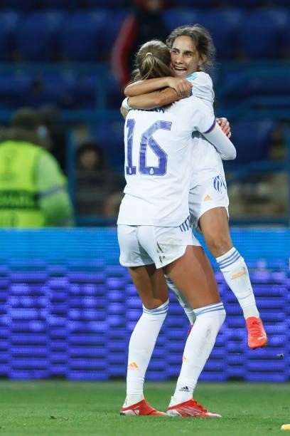 Caroline Moeller of Real Madrid and Lorena Navarro of Real Madrid celebrate after winning during the UEFA Women's Champions League group B match...
